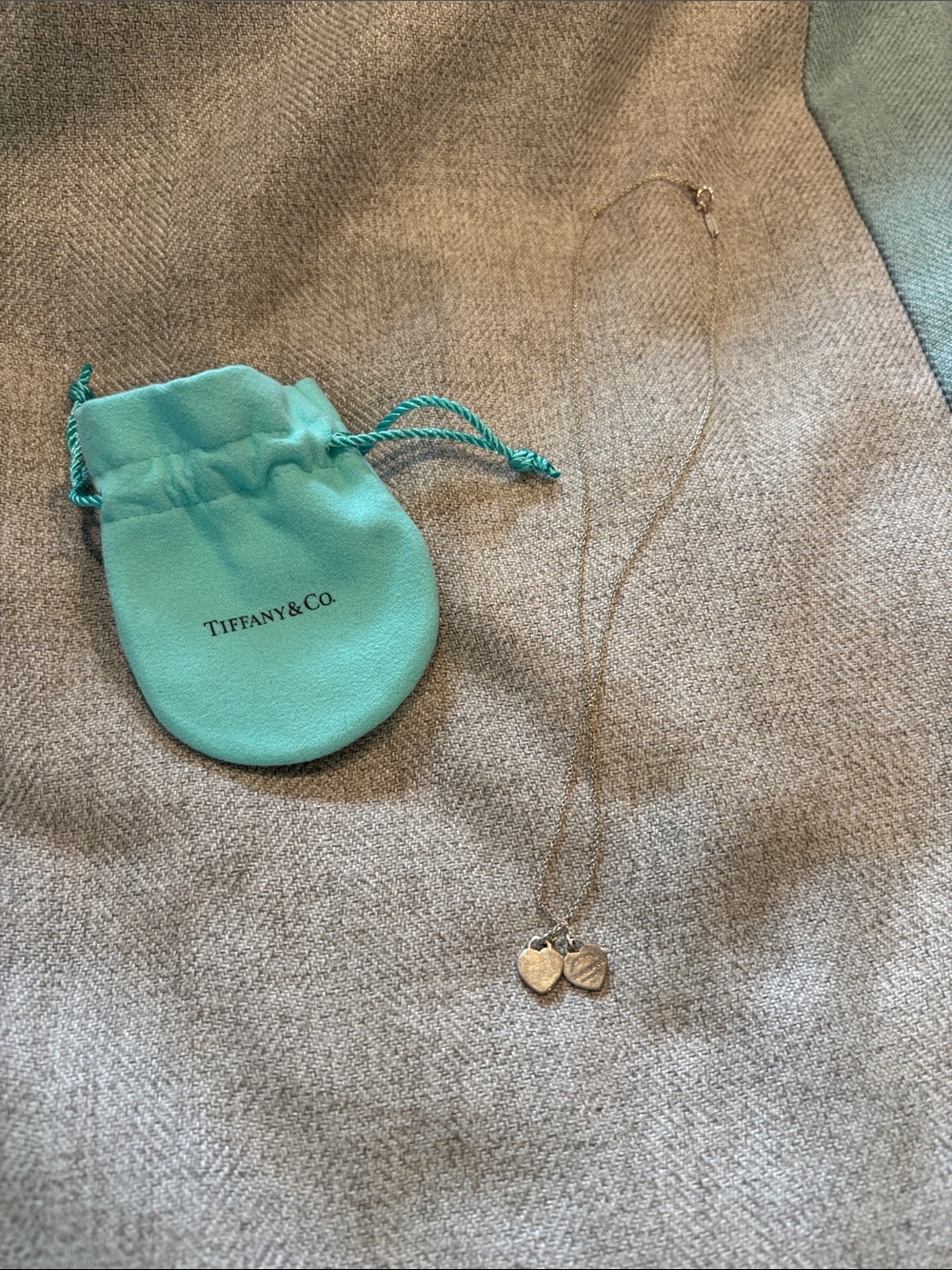 Tiffany & Co. Silver Double Heart Pendant Necklace with Aqua Pouch